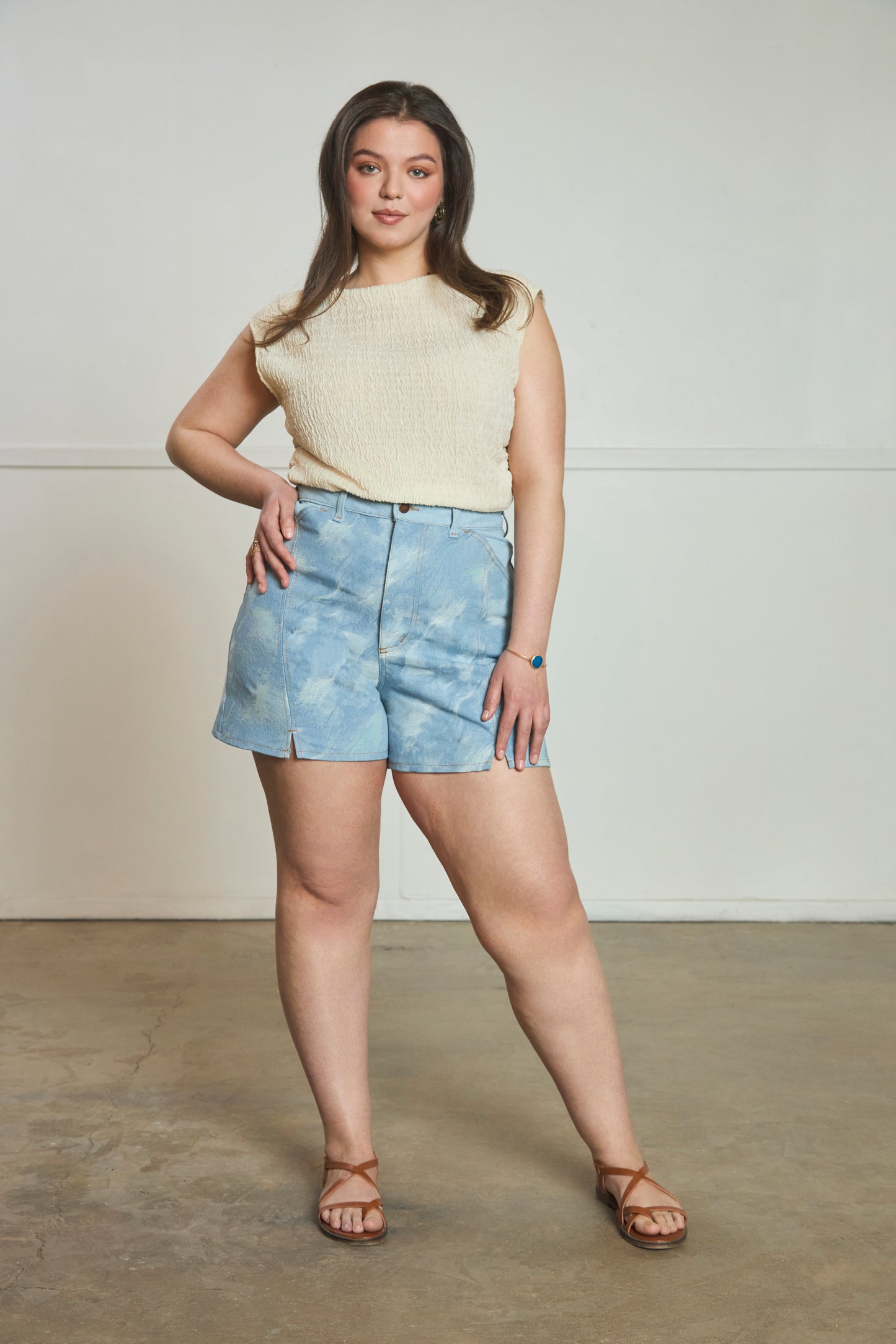 Manvi - Denim Jacquard Slit Shorts