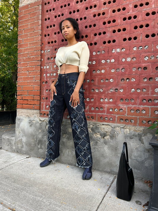 Sample - Quilted Marbled Straight Leg Jeans - 27